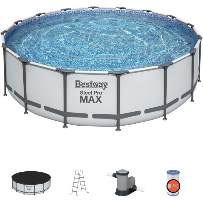 Каркасный бассейн BESTWAY STEEL PRO MAX 488х122см, 19480л + фильтр-насос 5678 л/ч, тент, лестница 5612Z BW